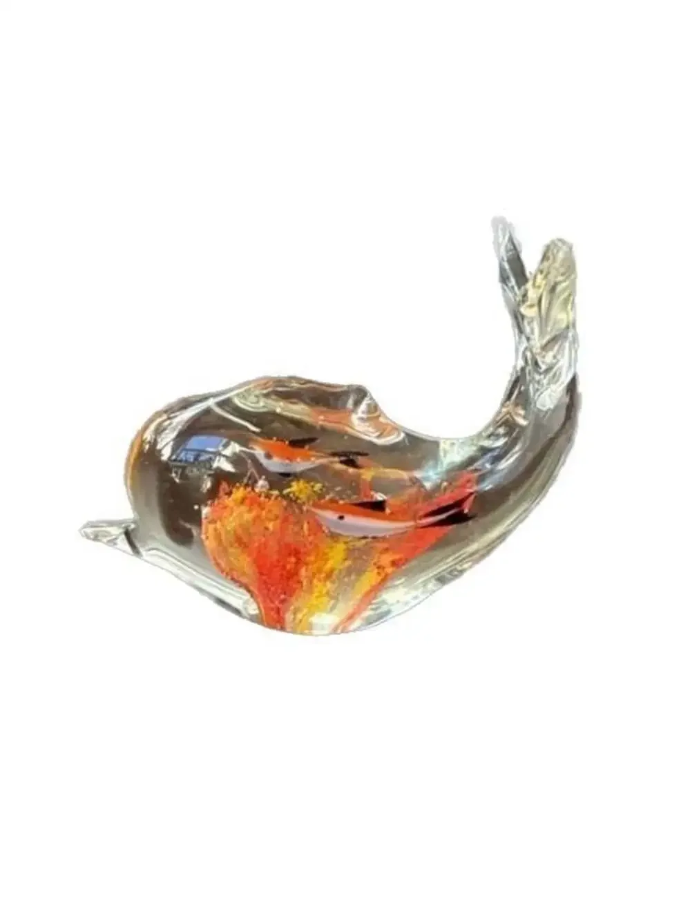 Clear Art Glass Whale Figurine Paperweight with Internal Fish and Reef Detail